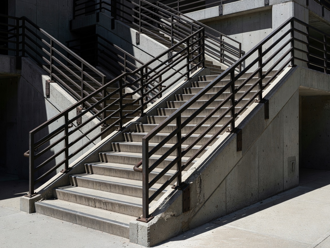 Concrete city stairway with steep railings casting hard geometric shadows