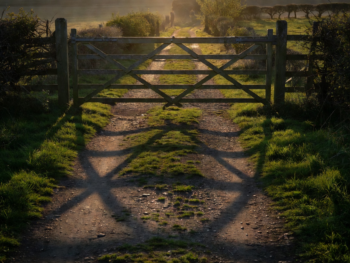 Closed wooden field gate on a rural footpath, backlit with long shadows across the grass