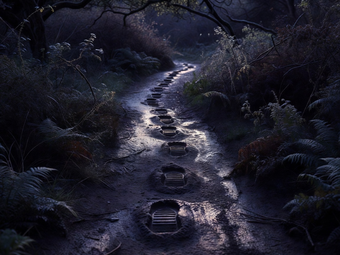 Single line of boot prints on a damp, narrow trail at dusk, surrounded by dark vegetation