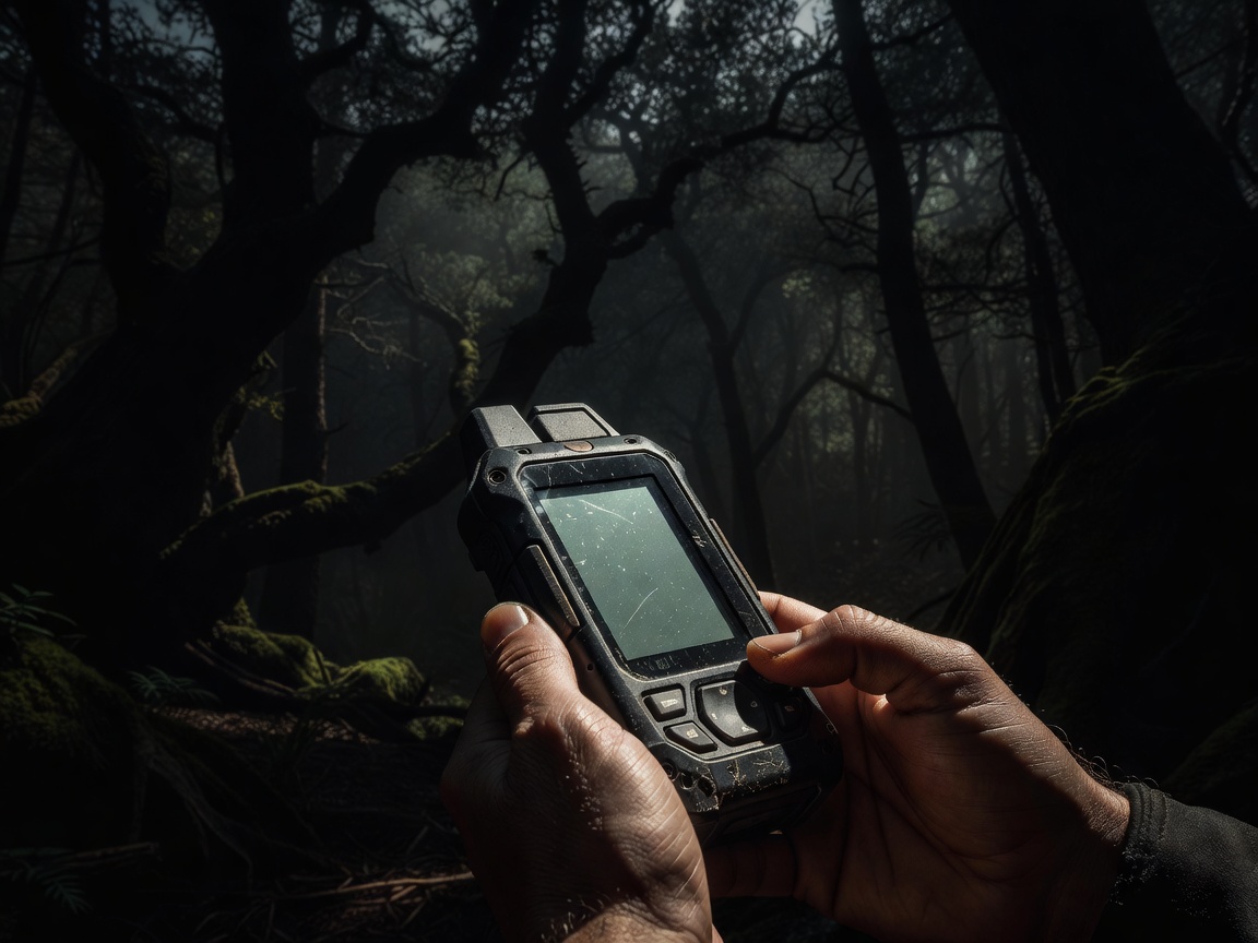 Hände halten ein robustes GPS-Handgerät vor einem dunklen, schattigen Waldhintergrund