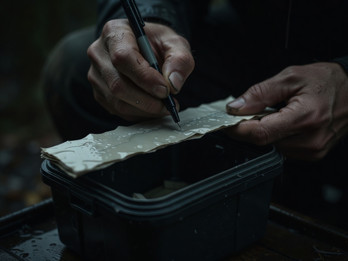 Hands writing on a damp paper log strip held over a small weatherproof container in low light