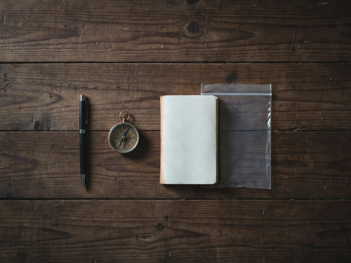 Minimal search kit of pen, compass, small notebook and zip bag laid out on dark weathered wood