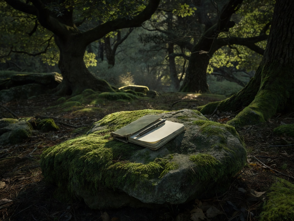 Small field notebook and pen resting on a mossy rock in shadowed woodland light