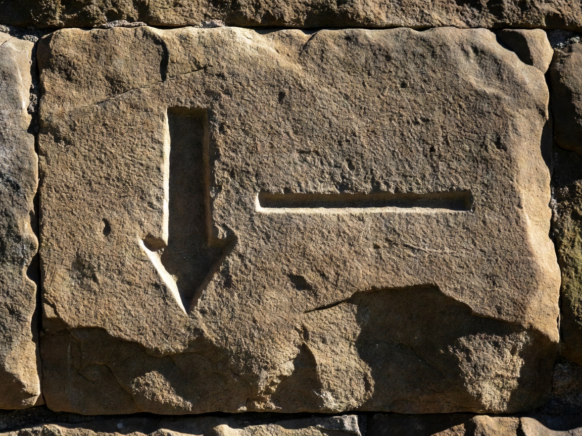 Cut survey benchmark arrow on an old sandstone wall, sharply lit with deep shadow