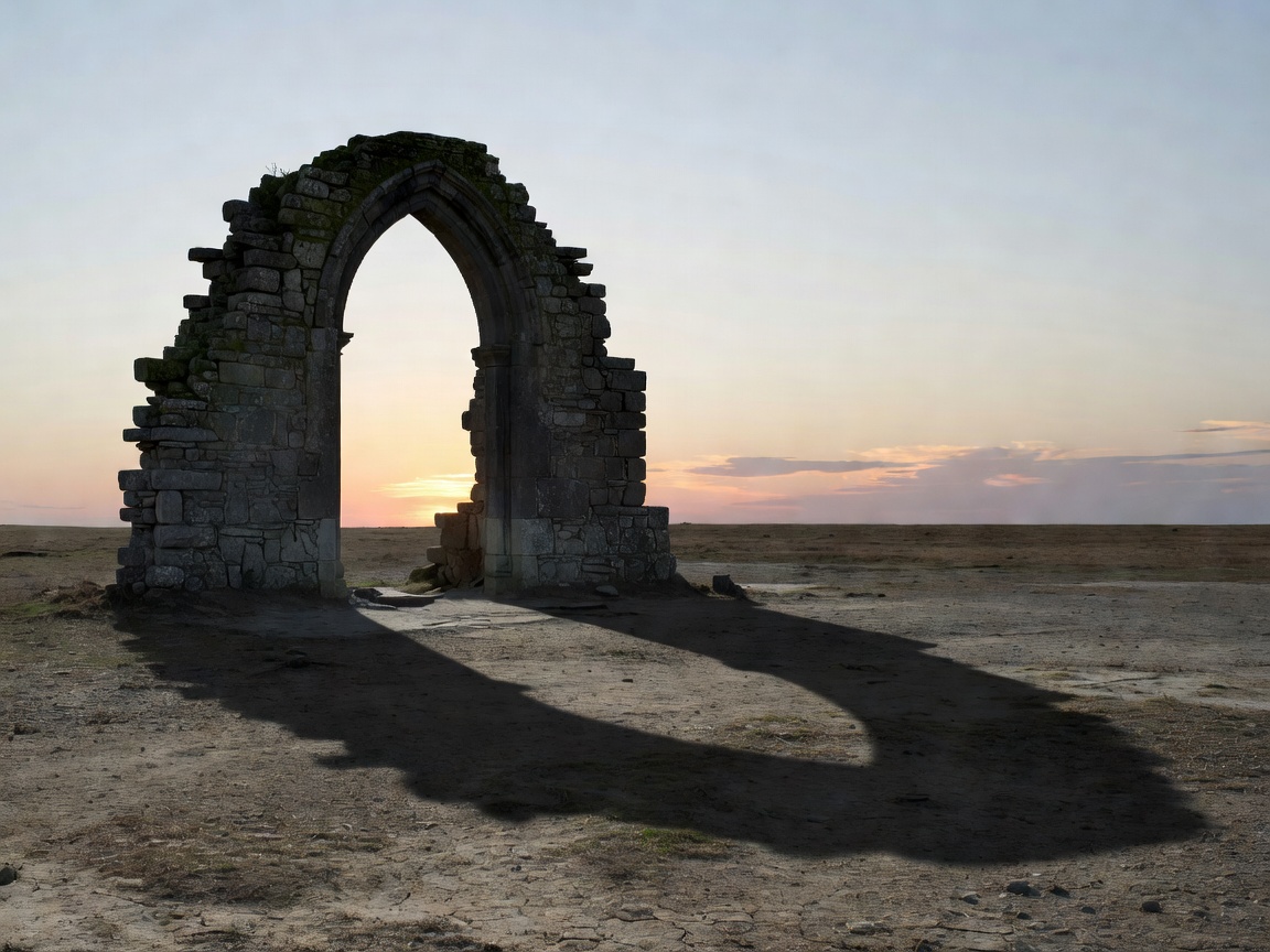 Ruined stone chapel archway in silhouette against a pale evening sky