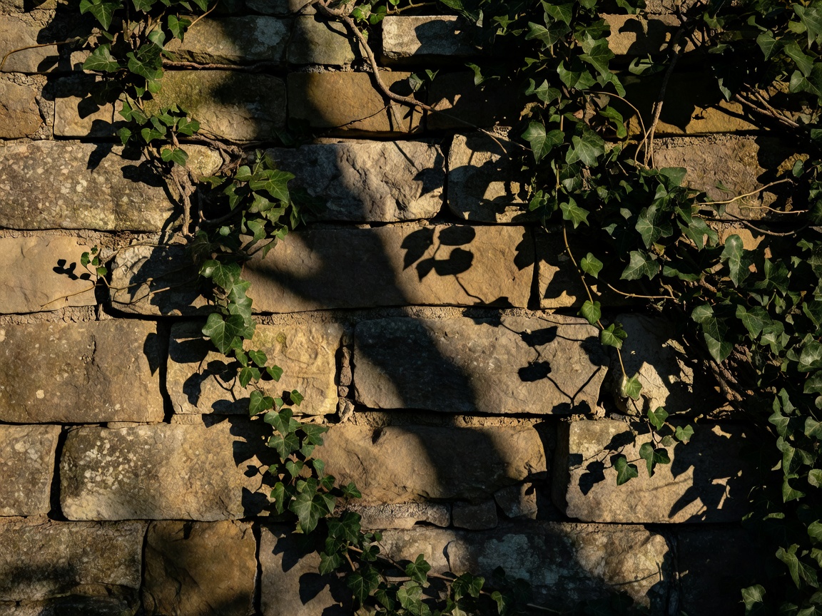 Old dry-stone wall partly covered in ivy, lit by a hard raking light with deep shadows