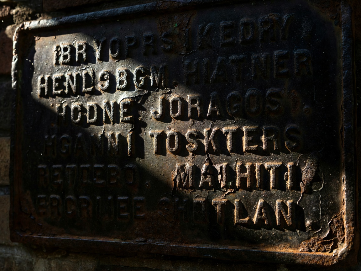 Weathered cast-iron street plaque with raised lettering and rust, in dramatic side light
