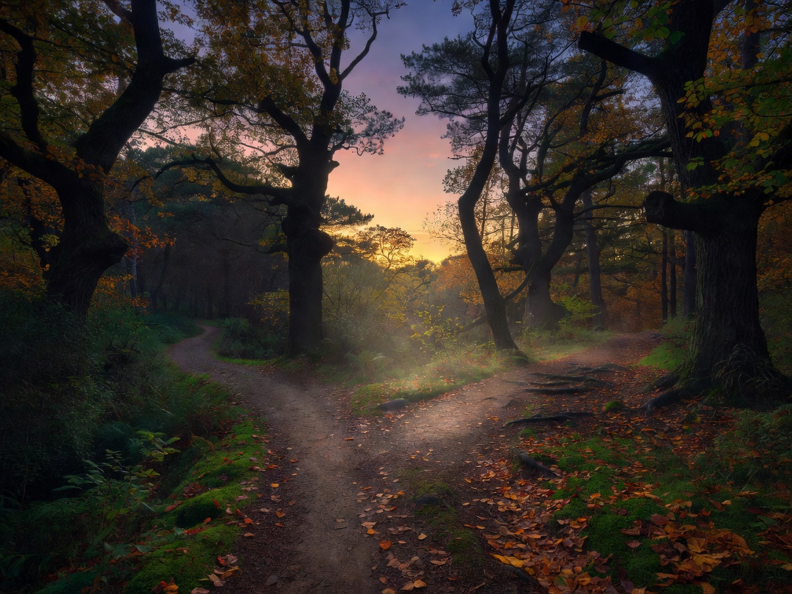 Waldweg, der sich in der Dämmerung in zwei Pfade teilt, dunkle Bäume rahmen die Gabelung
